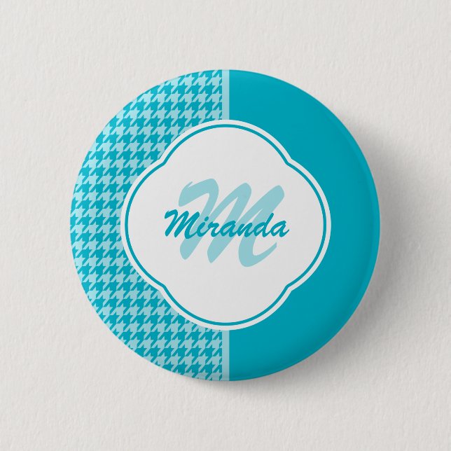 Modern Turquoise Houndstooth Monogram and Name Button (Front)