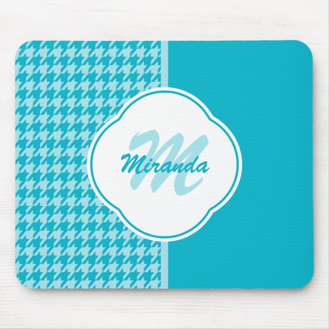 Modern Turquoise Houndstooth Monogram and Name Mouse Pad (Front)
