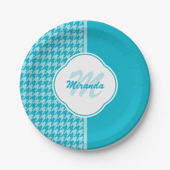 Modern Turquoise Houndstooth Monogram And Name Paper Plates by ohsogirly at Zazzle