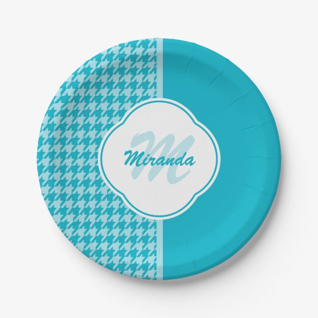 Modern Turquoise Houndstooth Monogram and Name Paper Plates (Front)