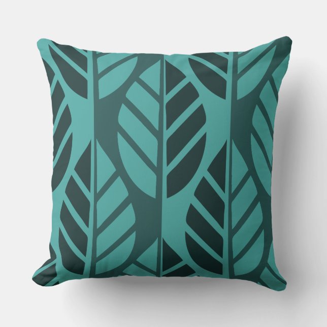 Modern Turquoise Leaf Patterned Throw Pillow (Front)