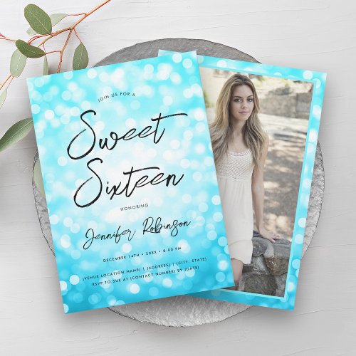Modern Turquoise Lights Photo Sweet 16 Party Invitation