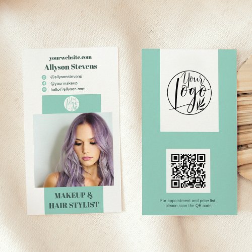 Modern turquoise makeup hair photo qr code logo business card
