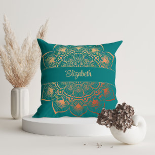 Modern Turquoise Mandala Custom Name Throw Pillow
