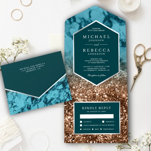 Modern Turquoise Marble Bronze Glitter Wedding All In One Invitation