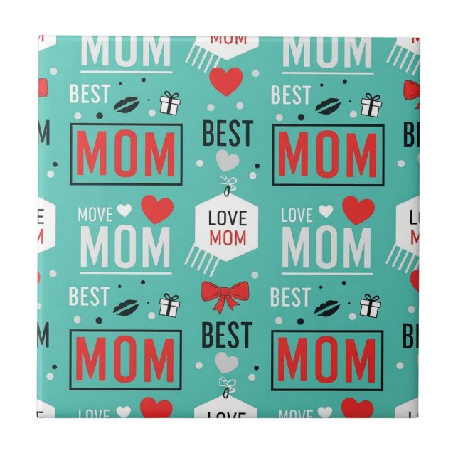 Modern Turquoise MOM Typography Pop Pattern Ceramic Tile (Front)