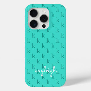 Modern Turquoise Monogram Name Solid Color Teal iPhone 15 Pro Case