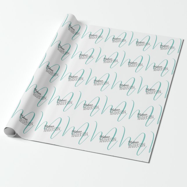 Modern Turquoise Monogram Personalized Name Wrapping Paper (Unrolled)