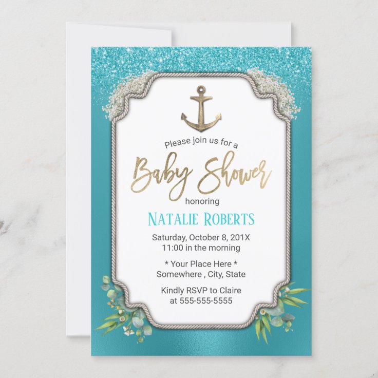 Modern Turquoise Nautical Gold Anchor Baby Shower Invitation Zazzle