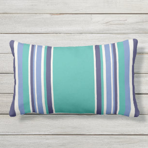 Modern Turquoise Navy Blue Striped Outdoor Lumbar Pillow