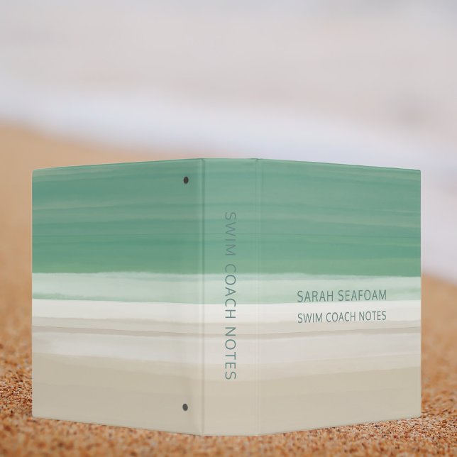 Modern Turquoise Ocean Beach Swim Coach 3 Ring Binder (For Swim Coaches and lovers of a serene ocean scene, just add your name)