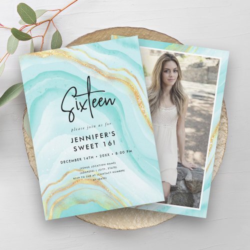 Modern Turquoise Ombre Marble Photo Sweet 16   Invitation
