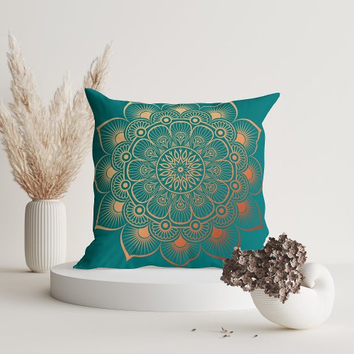 Modern Turquoise Peach Mandala Throw Pillow