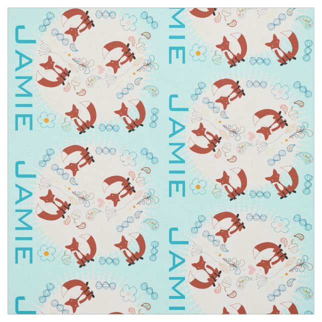 Modern Turquoise Personalized Fox Pattern Fabric (Swatch)