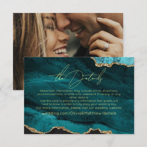 Modern Turquoise Photo Details Wedding Enclosure Card