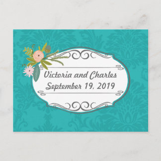 Modern Turquoise Pink and Coral Damask Wedding Postcard