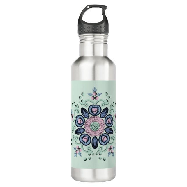 Modern Turquoise & Pink Floral Mandala Stainless Steel Water Bottle (Front)