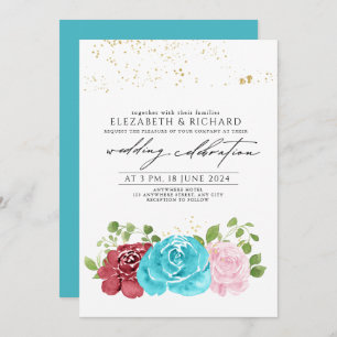 Modern Turquoise Red Floral Greenery Wedding Invitation