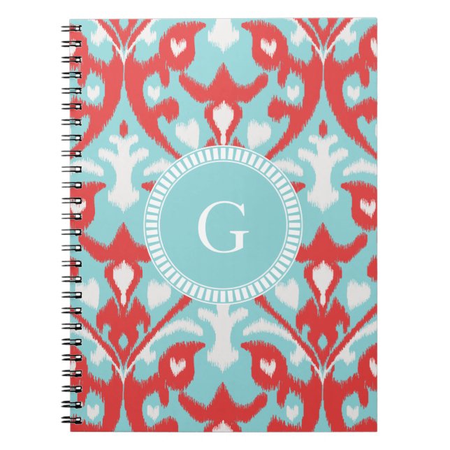 Modern turquoise red ikat tribal pattern monogram notebook (Front)