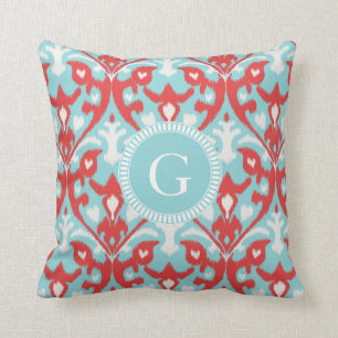 Modern turquoise red ikat tribal pattern monogram throw pillow
