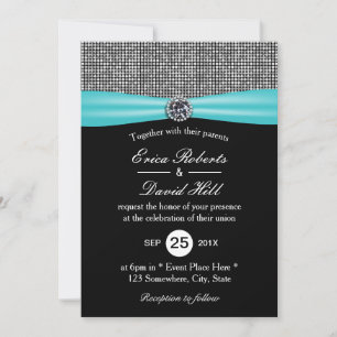 Modern Turquoise Ribbon Silver Glitter Wedding Invitation