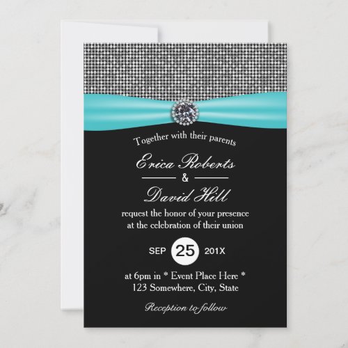 Modern Turquoise Ribbon Silver Glitter Wedding Invitation