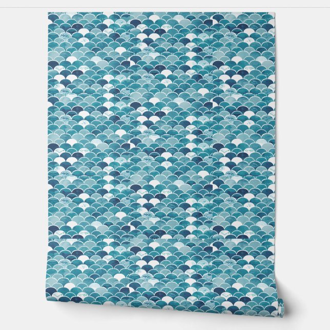 Modern Turquoise & Royal Blue Wildflower Floral Wallpaper (Unrolling)