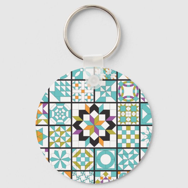 Modern Turquoise Sampler Quilt Pattern Keychain (Front)