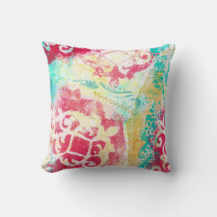 Modern Turquoise & Scarlet Mixed Media Art Cushion