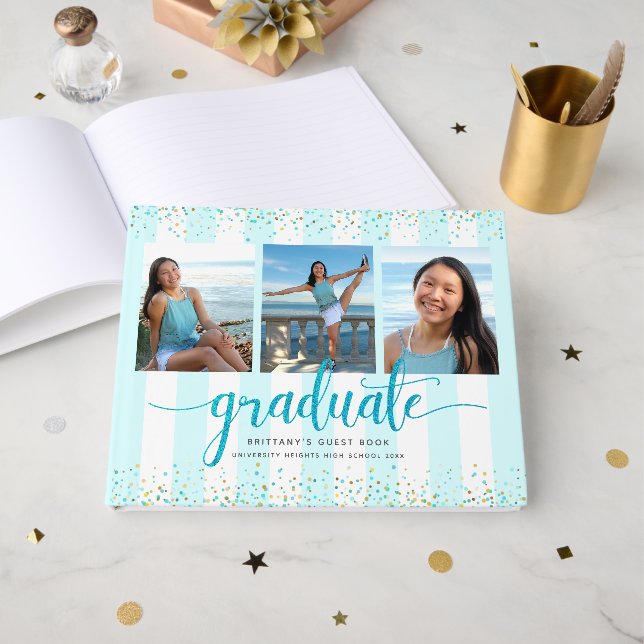 Modern turquoise script graduation photo collage guest book (Front Open)