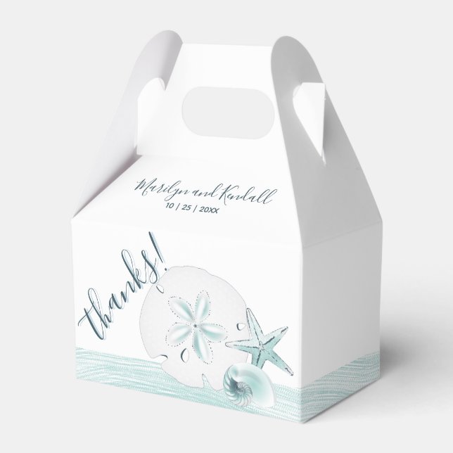 Modern Turquoise Seashells Beach Wedding Party Favor Boxes (Front Side)