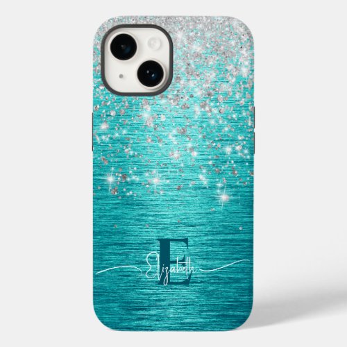 Modern Turquoise Silver faux glitter Monogram Case_Mate iPhone 14 Case