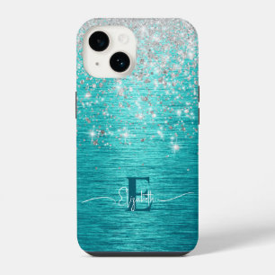 Modern Turquoise Silver faux glitter Monogram iPhone 14 Case