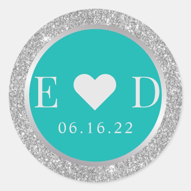 Modern Turquoise & Silver Glitter Monogram Wedding Classic Round Sticker (Front)