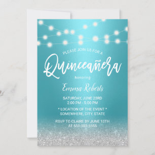 Modern Turquoise & Silver Glitter Quinceanera 15 Invitation
