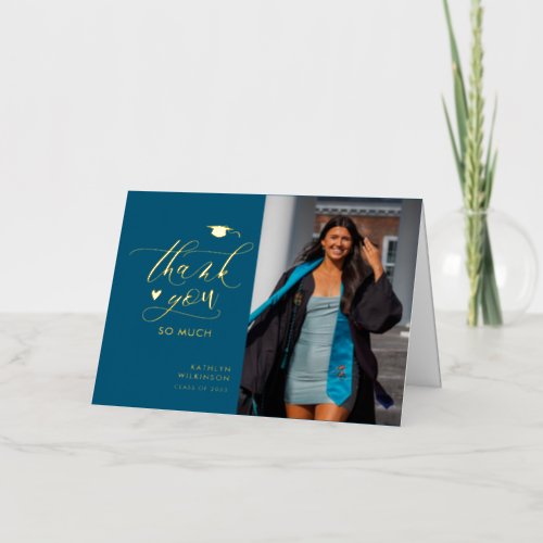 Modern Turquoise Simple Photo Graduation Thank You Foil Greeting Card