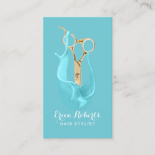 Modern Turquoise Splash Gold Scissor Hair Stylist Business Card