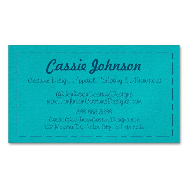 Modern Turquoise Stitched Faux Leather  Business Card Magnet (Front)