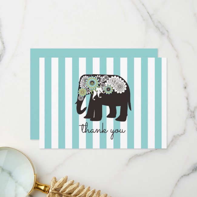 Modern Turquoise Stripes Elephant Thank You Cards