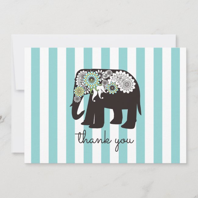 Modern Turquoise Stripes Elephant Thank You Cards