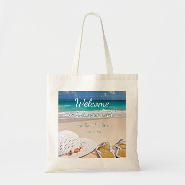 Modern Turquoise Summer Beach Wedding Favor Tote Bag (Front)