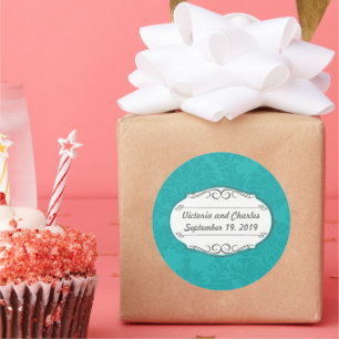 Modern Turquoise  Teal Blue Damask Wedding Classic Round Sticker