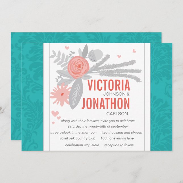 Modern Turquoise Teal Damask Wedding Invitation (Front/Back)