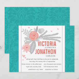 Modern Turquoise Teal Damask Wedding Invitation
