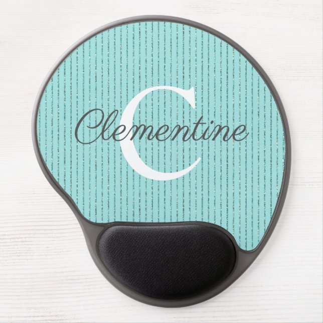 Modern Turquoise Teal Glitter Stripes Monogram Gel Mouse Pad (Front)