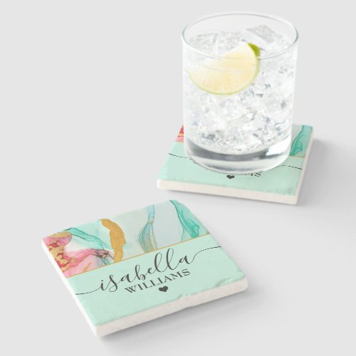 Modern Turquoise Teal Personalized Name Marble Stone Coaster