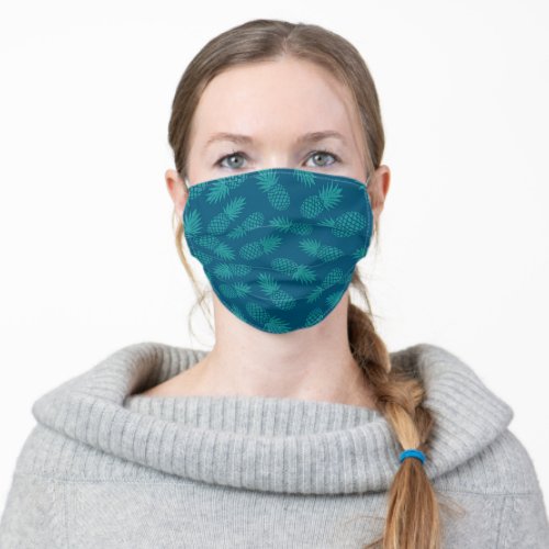 Modern turquoise teal tropical pineapple pattern adult cloth face mask