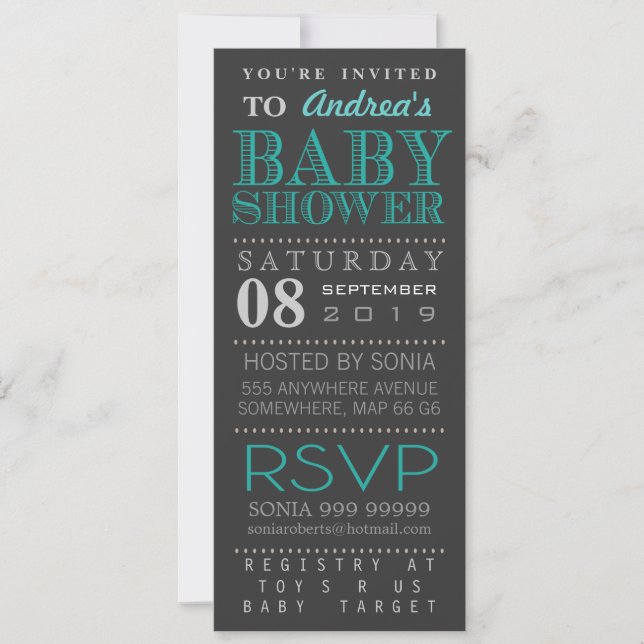 Modern Turquoise Typography Baby Shower Long Invitation (Front)