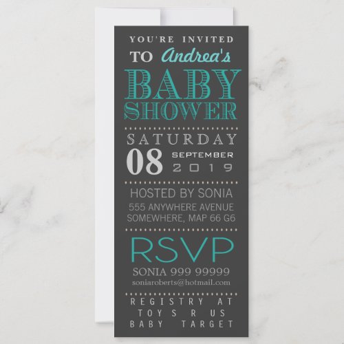 Modern Turquoise Typography Baby Shower Long Personalized Invite