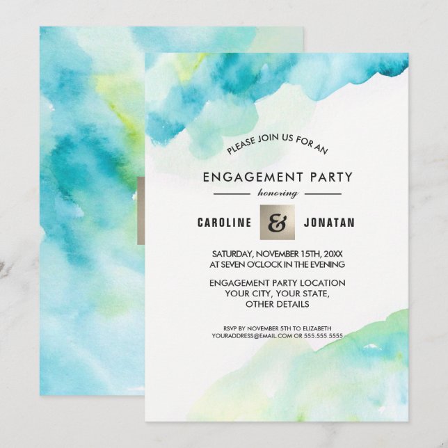Modern Turquoise Watercolor Engagement Party  Invitation (Front/Back)